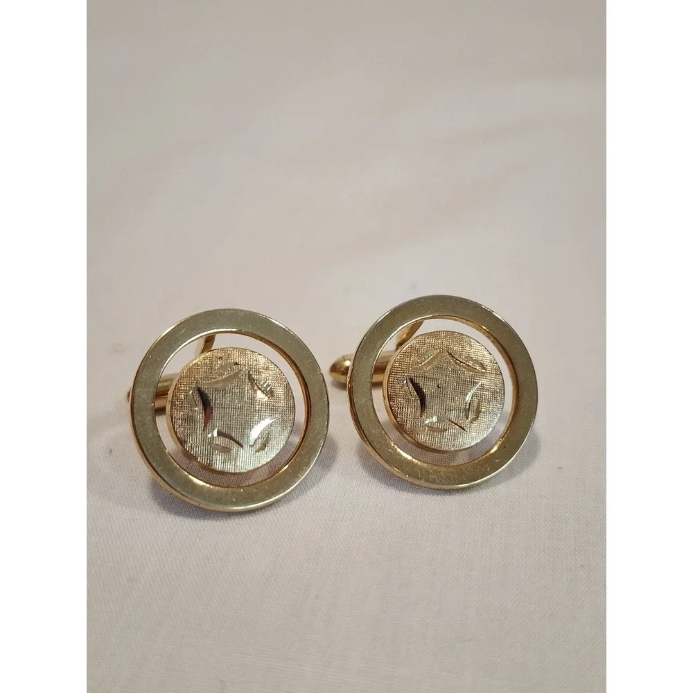 Vintage Swank Gold Tone Round Textured Starburst Mid Century Modern Cufflinks